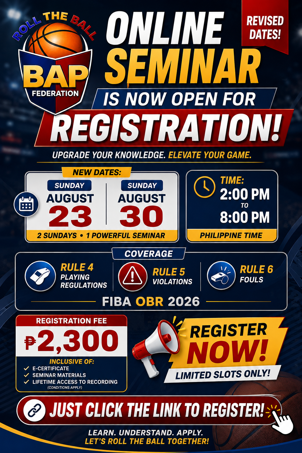 AUGUST 23 & 30 ONLINE SEMINAR - BAP ROLL THE BALL